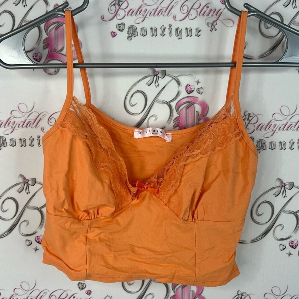 Blue blush tank top cropped lace bow ribbon 🎀 Orange Lace Trim Camisole